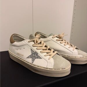 Golden Goose White Sneakers with Tan and Silver Details